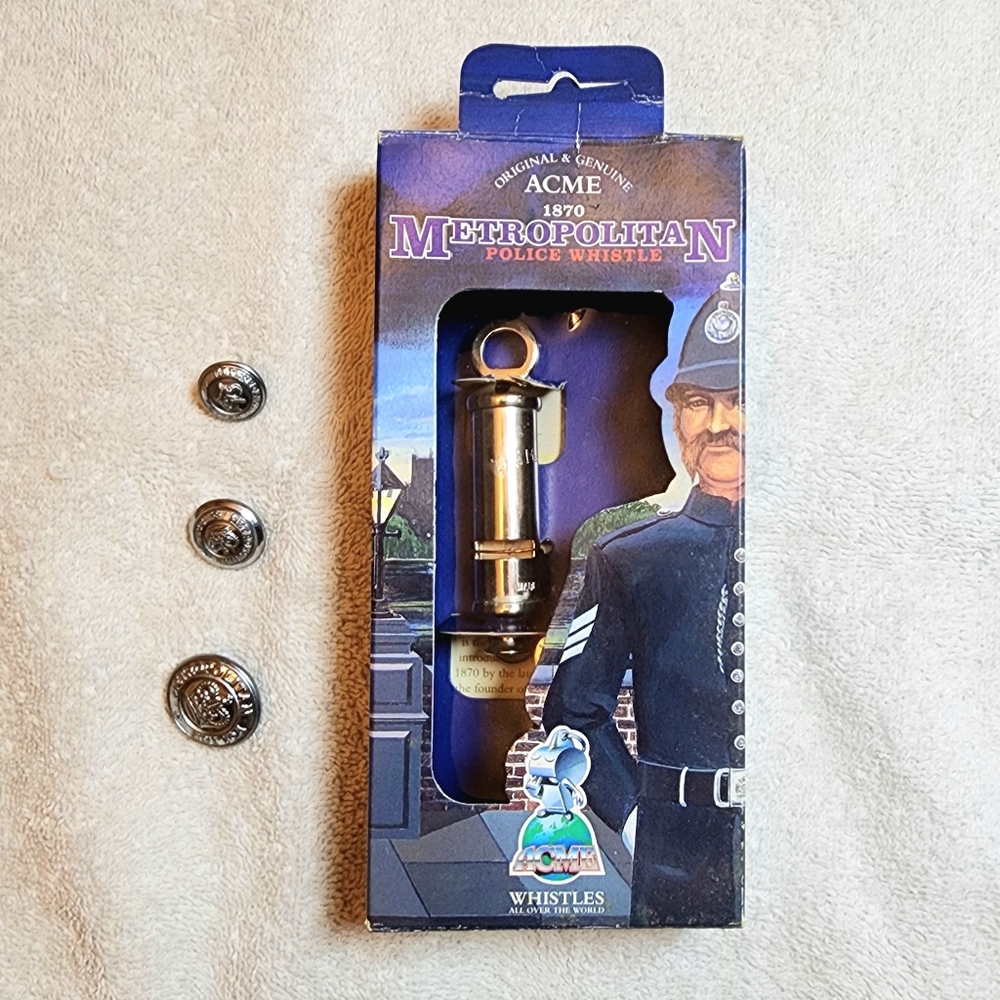 Acme Metropolitan Bobbie Whistle and  three Different Uniform Buttons